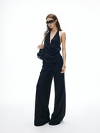 iamxiaa Cross Front Low V Halter Backless Ruched Slimming Women's Camisoles