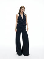 iamxiaa Cross Front Low V Halter Backless Ruched Slimming Women's Camisoles
