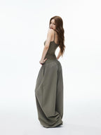 iamxiaa Curved Leg Low Rise Drawstring Double Pleat Women's Combed Cotton Chinos