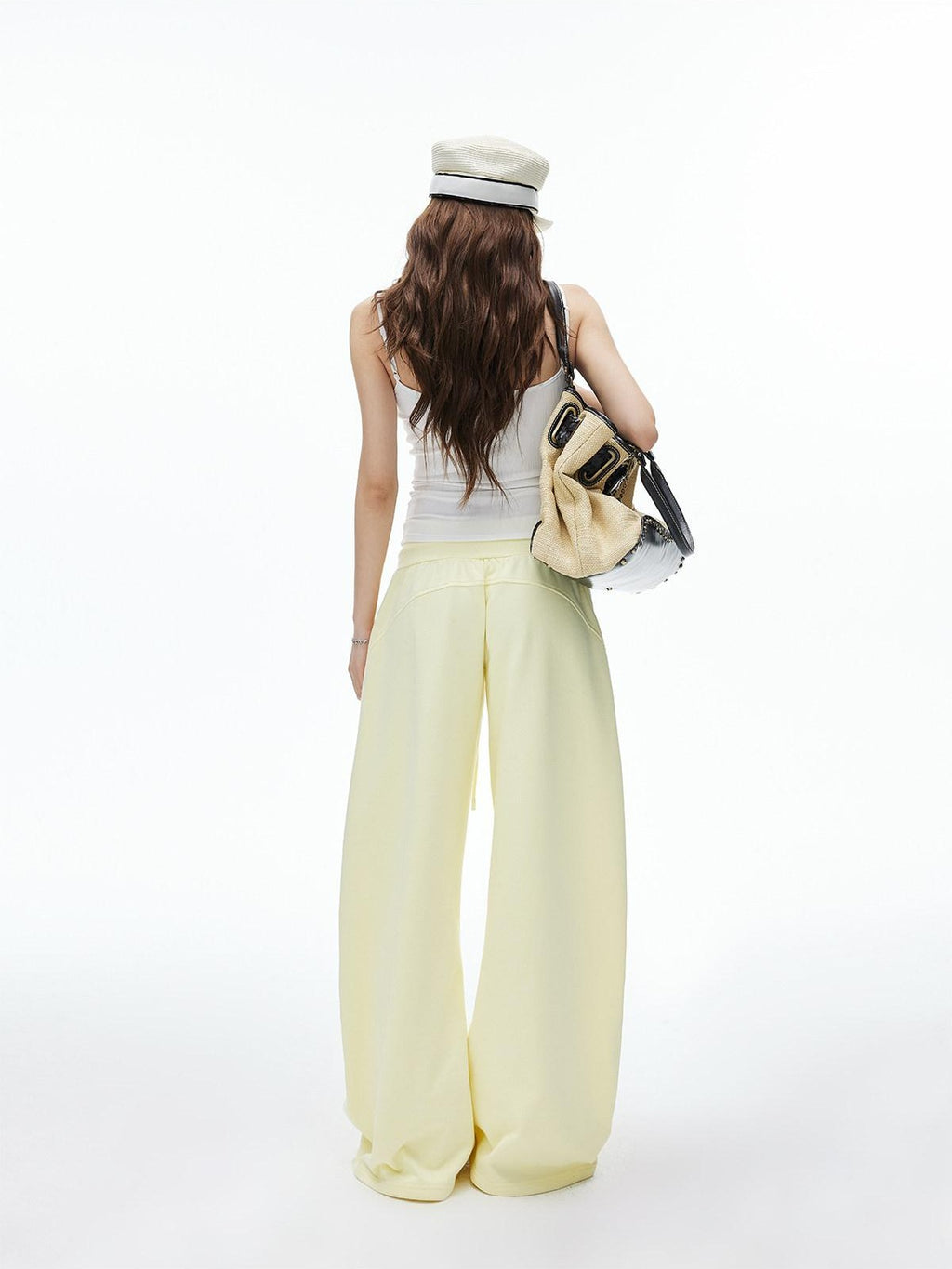 iamxiaa Curved Leg Low Rise Drawstring Double Pleat Women's Combed Cotton Chinos