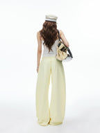 iamxiaa Curved Leg Low Rise Drawstring Double Pleat Women's Combed Cotton Chinos