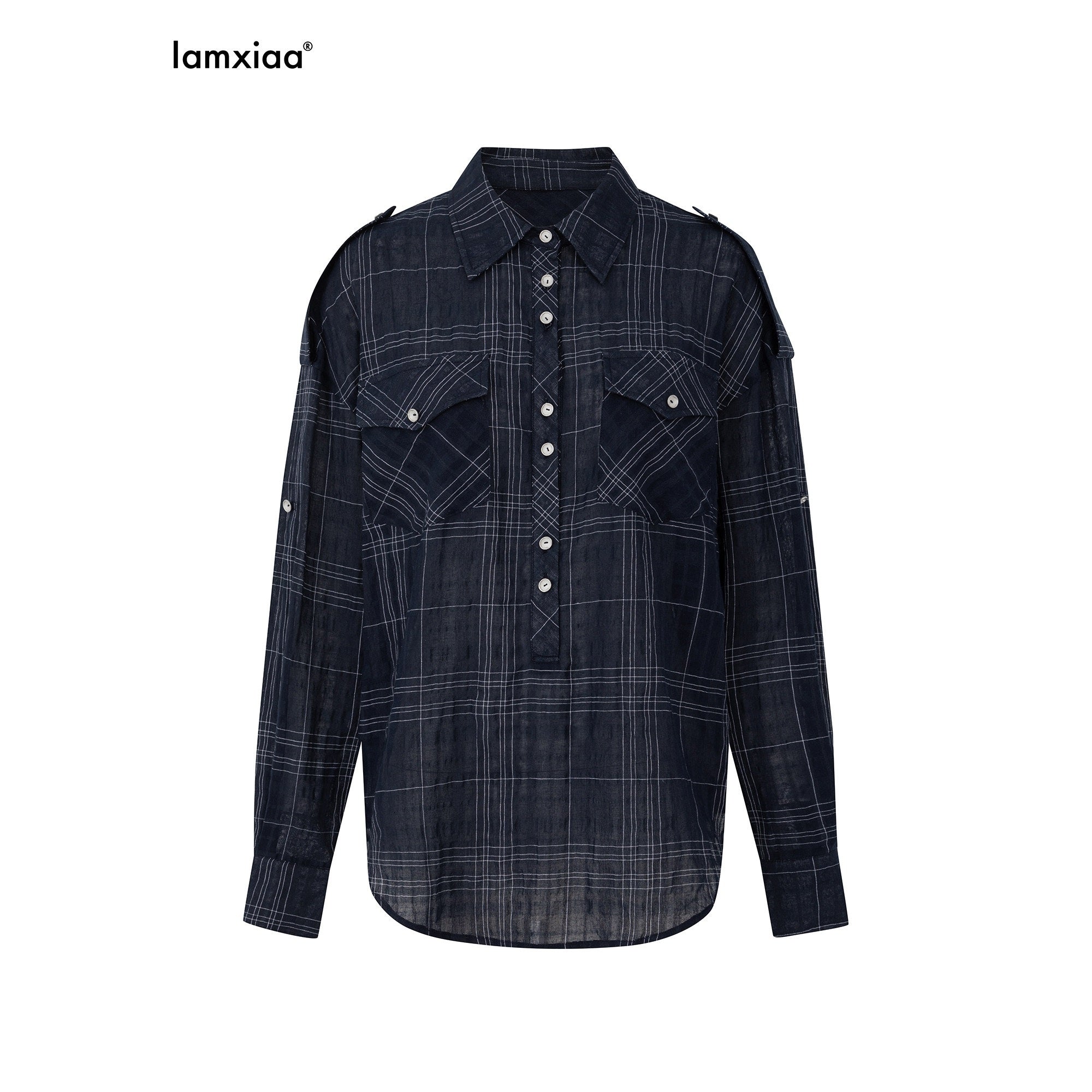 iamxiaa Dark Navy Textured Plaid Back Tie Adjustable Sleeve Tab Women's Shirts 949799443051