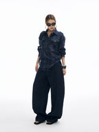 iamxiaa Dark Navy Textured Plaid Back Tie Adjustable Sleeve Tab Women's Shirts
