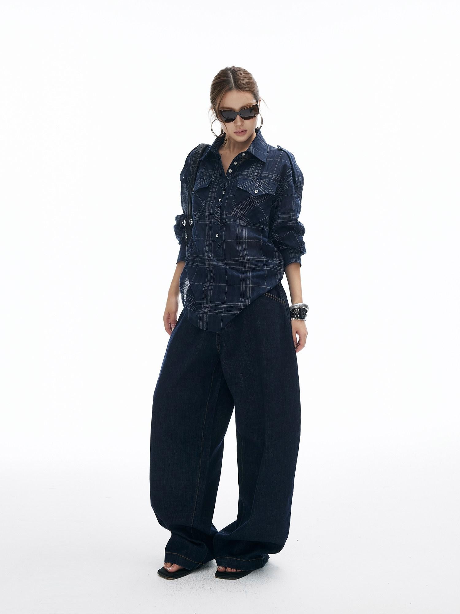 iamxiaa Dark Navy Textured Plaid Back Tie Adjustable Sleeve Tab Women's Shirts