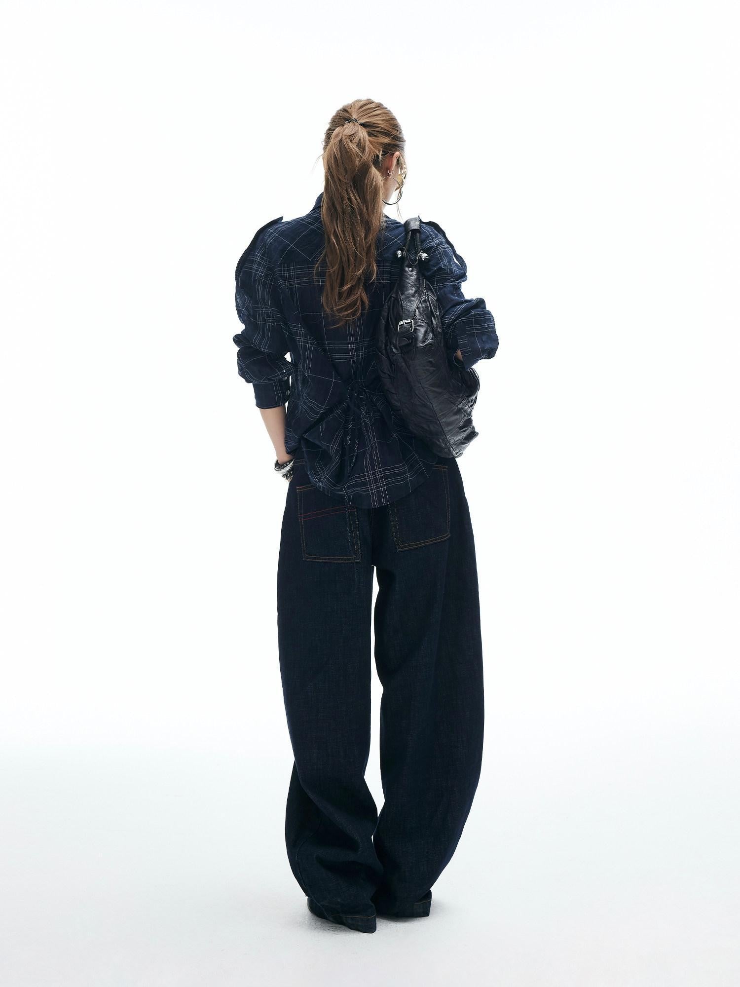 iamxiaa Dark Navy Textured Plaid Back Tie Adjustable Sleeve Tab Women's Shirts