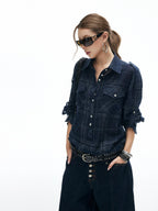 iamxiaa Dark Navy Textured Plaid Back Tie Adjustable Sleeve Tab Women's Shirts