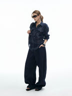 iamxiaa Dark Navy Textured Plaid Back Tie Adjustable Sleeve Tab Women's Shirts