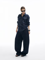 iamxiaa Dark Navy Textured Plaid Back Tie Adjustable Sleeve Tab Women's Shirts