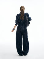 iamxiaa Dark Navy Textured Plaid Back Tie Adjustable Sleeve Tab Women's Shirts