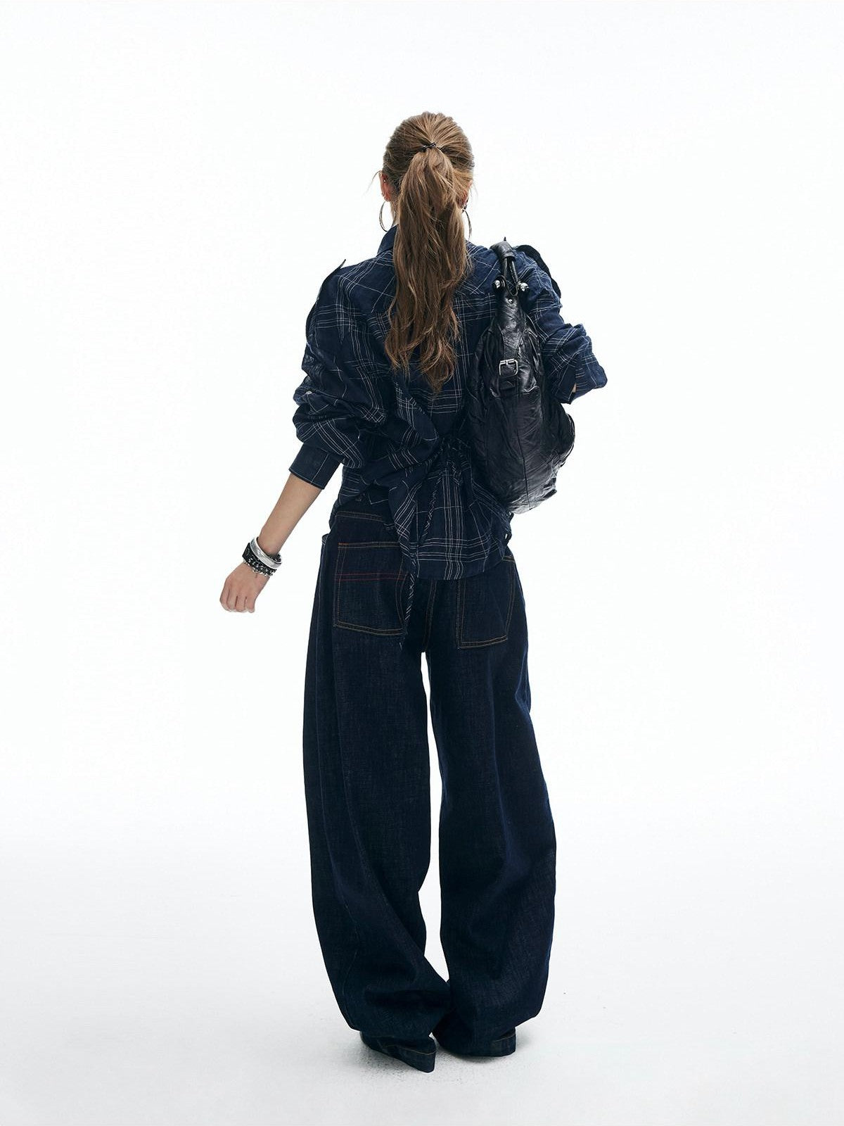 iamxiaa Dark Navy Textured Plaid Back Tie Adjustable Sleeve Tab Women's Shirts