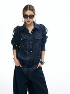iamxiaa Dark Navy Textured Plaid Back Tie Adjustable Sleeve Tab Women's Shirts