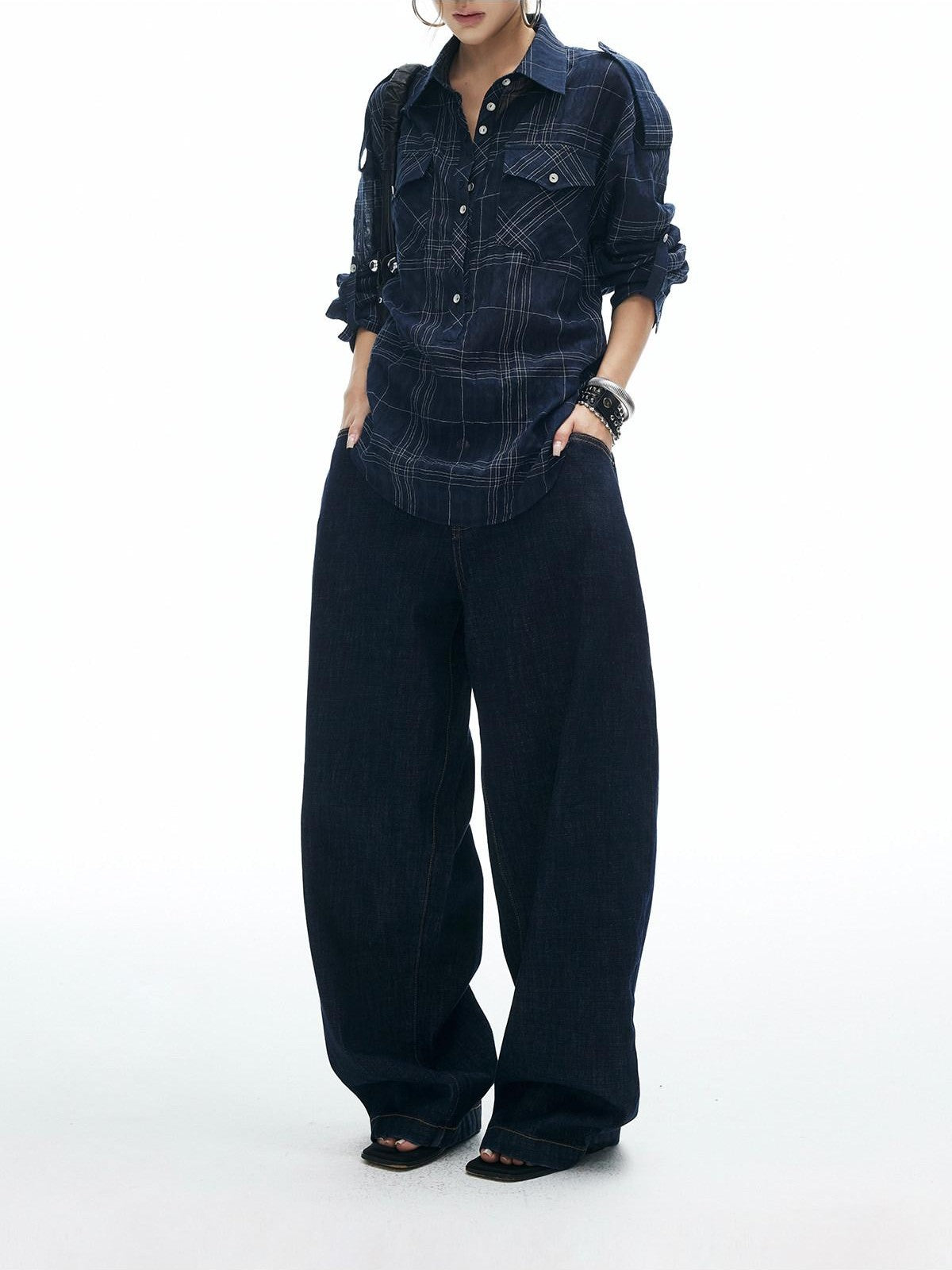 iamxiaa Dark Navy Textured Plaid Back Tie Adjustable Sleeve Tab Women's Shirts