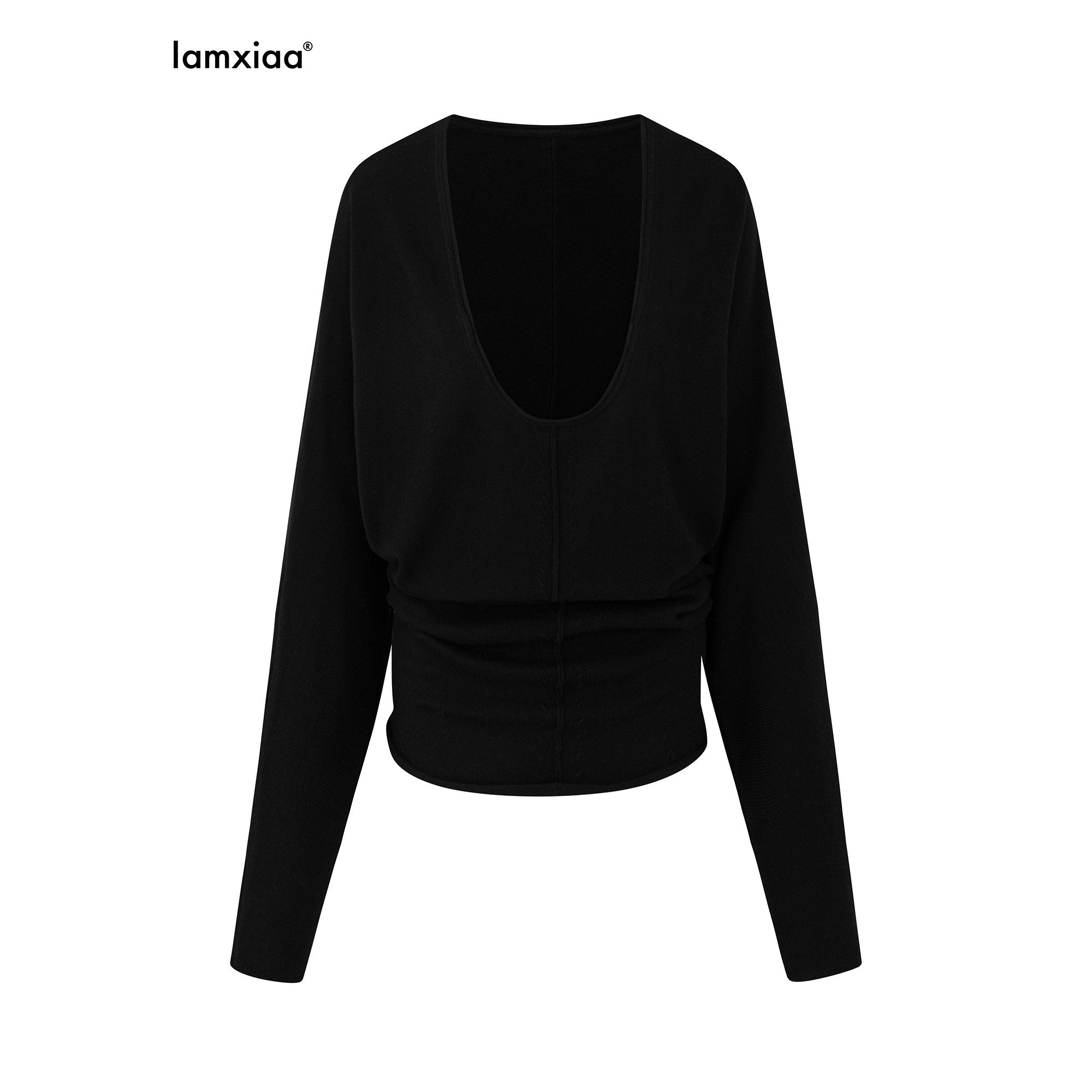 iamxiaa Deep U Neck Center Seam Batwing Women's Silk Wool Blend Long Sleeve T-shirts 979039488464