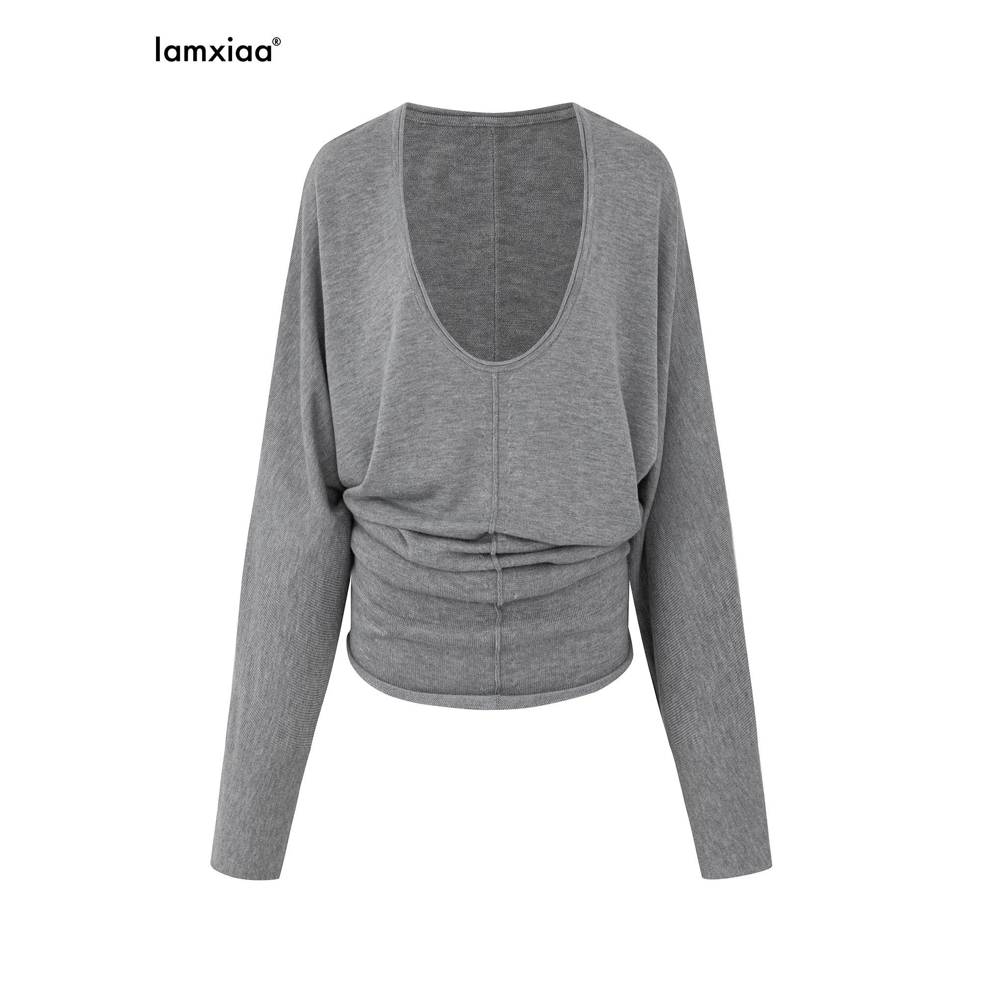 iamxiaa Deep U Neck Center Seam Batwing Women's Silk Wool Blend Long Sleeve T-shirts 979039488464