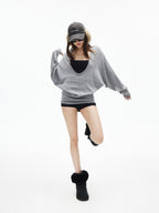 iamxiaa Deep U Neck Center Seam Batwing Women's Silk Wool Blend Long Sleeve T-shirts