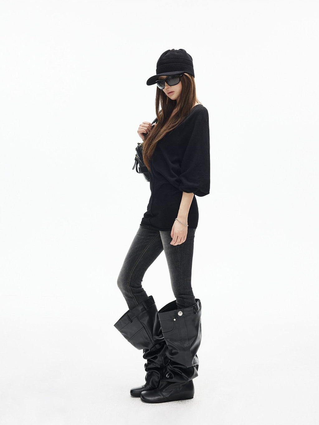 iamxiaa Deep U Neck Center Seam Batwing Women's Silk Wool Blend Long Sleeve T-shirts