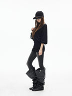 iamxiaa Deep U Neck Center Seam Batwing Women's Silk Wool Blend Long Sleeve T-shirts