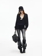 iamxiaa Deep U Neck Center Seam Batwing Women's Silk Wool Blend Long Sleeve T-shirts