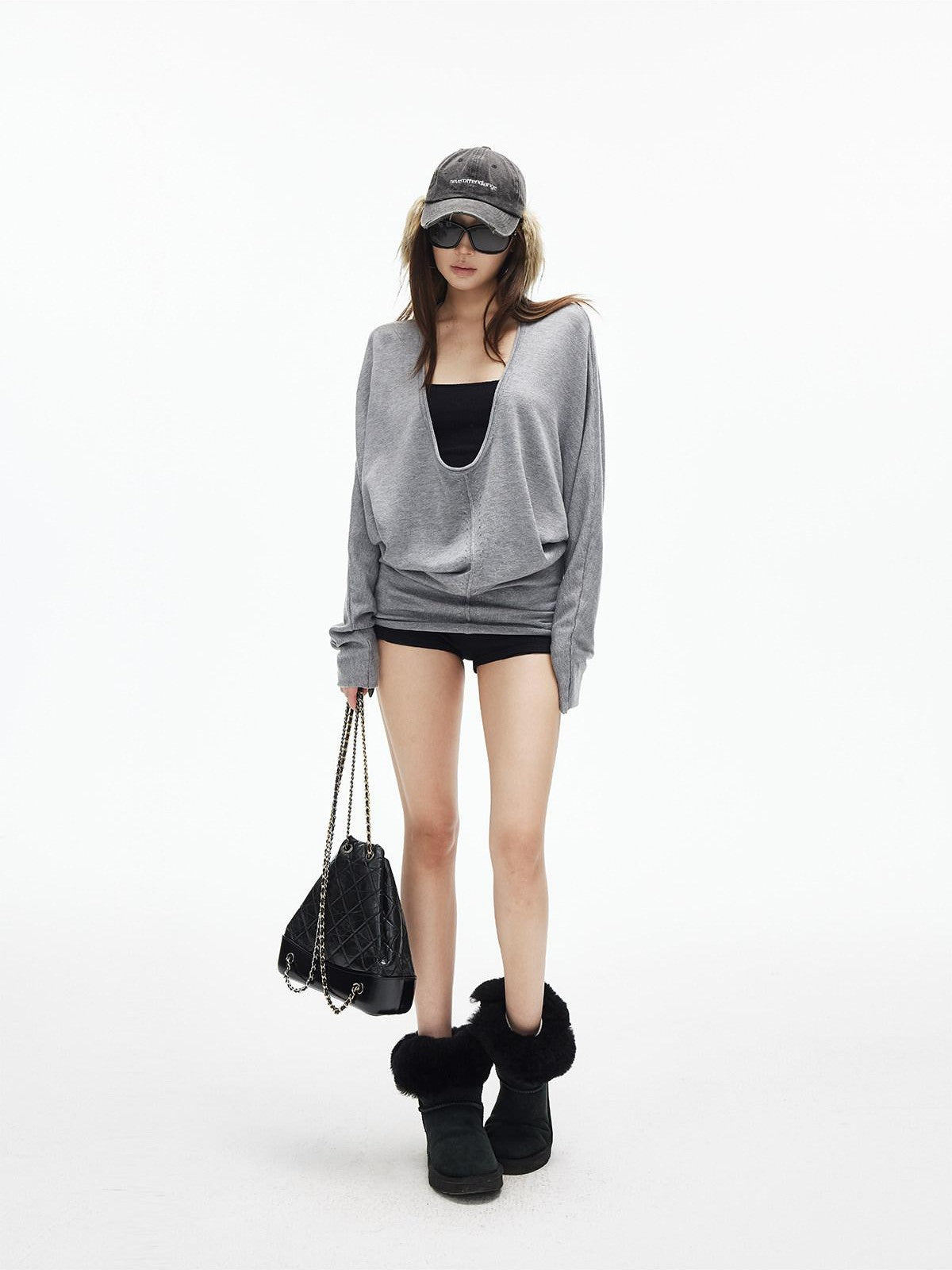 iamxiaa Deep U Neck Center Seam Batwing Women's Silk Wool Blend Long Sleeve T-shirts