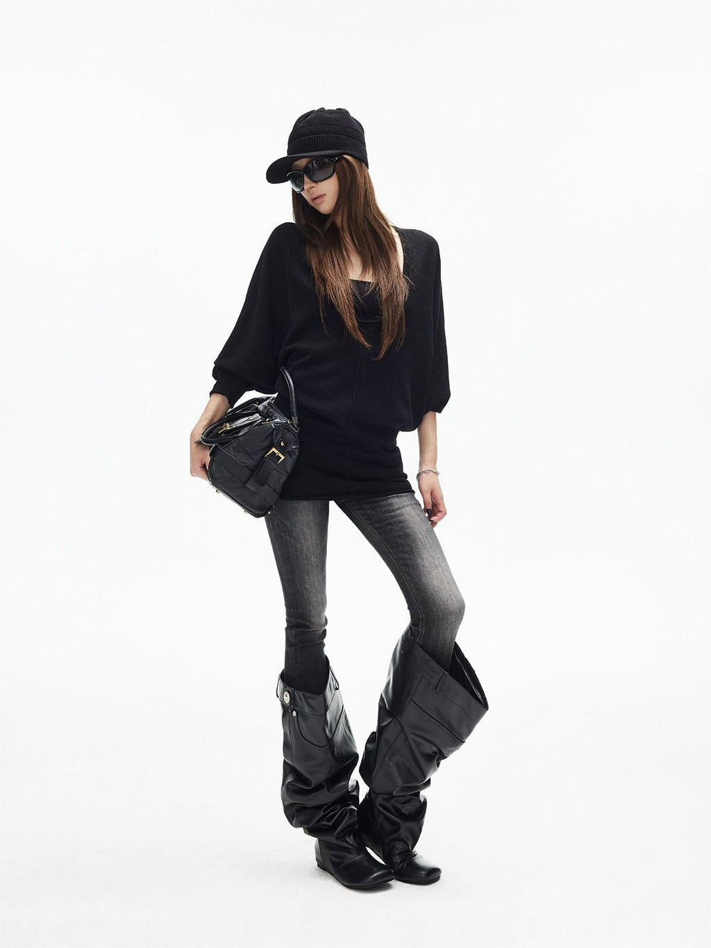 iamxiaa Deep U Neck Center Seam Batwing Women's Silk Wool Blend Long Sleeve T-shirts