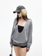 iamxiaa Deep U Neck Center Seam Batwing Women's Silk Wool Blend Long Sleeve T-shirts