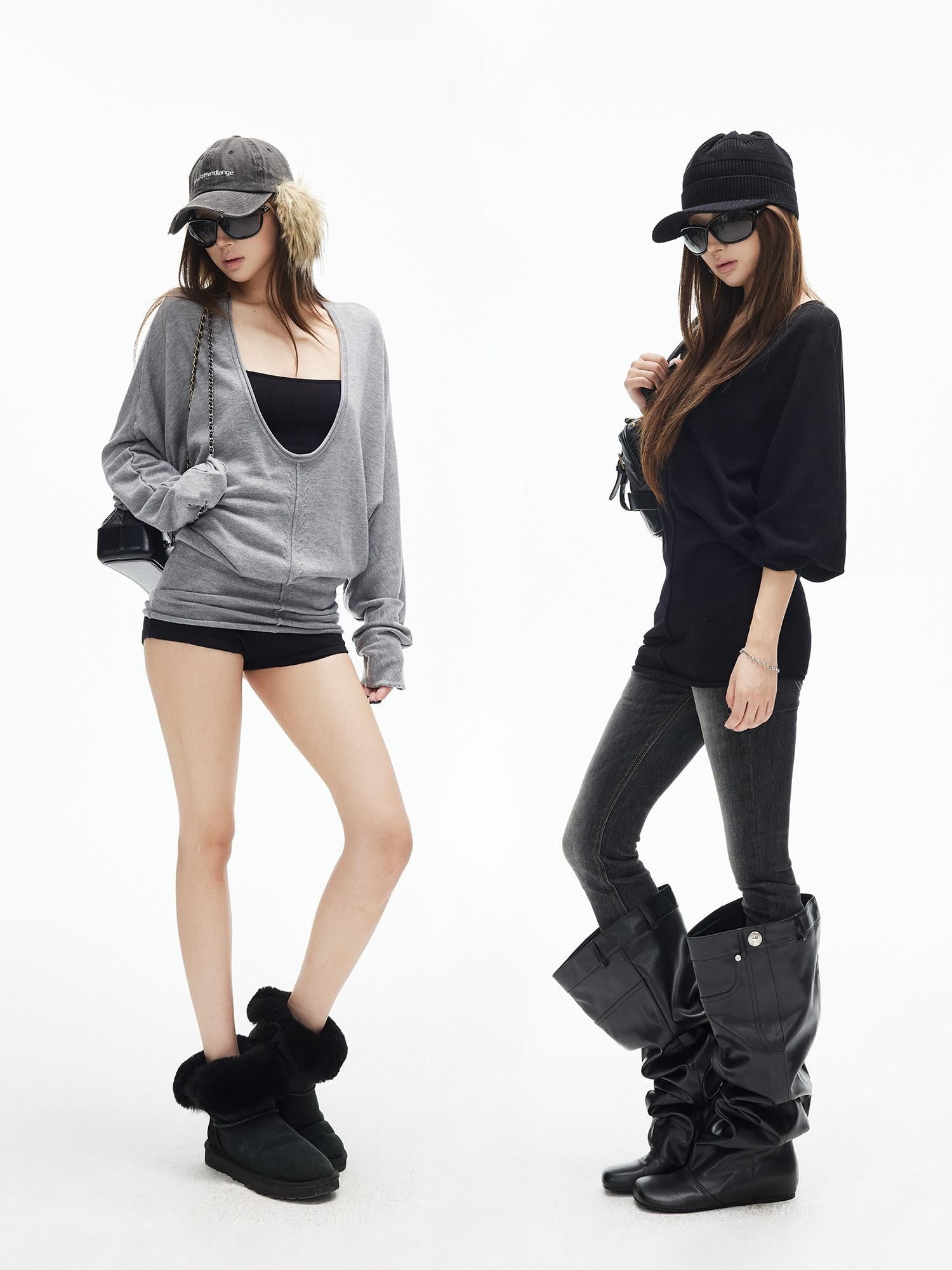 iamxiaa Deep U Neck Center Seam Batwing Women's Silk Wool Blend Long Sleeve T-shirts
