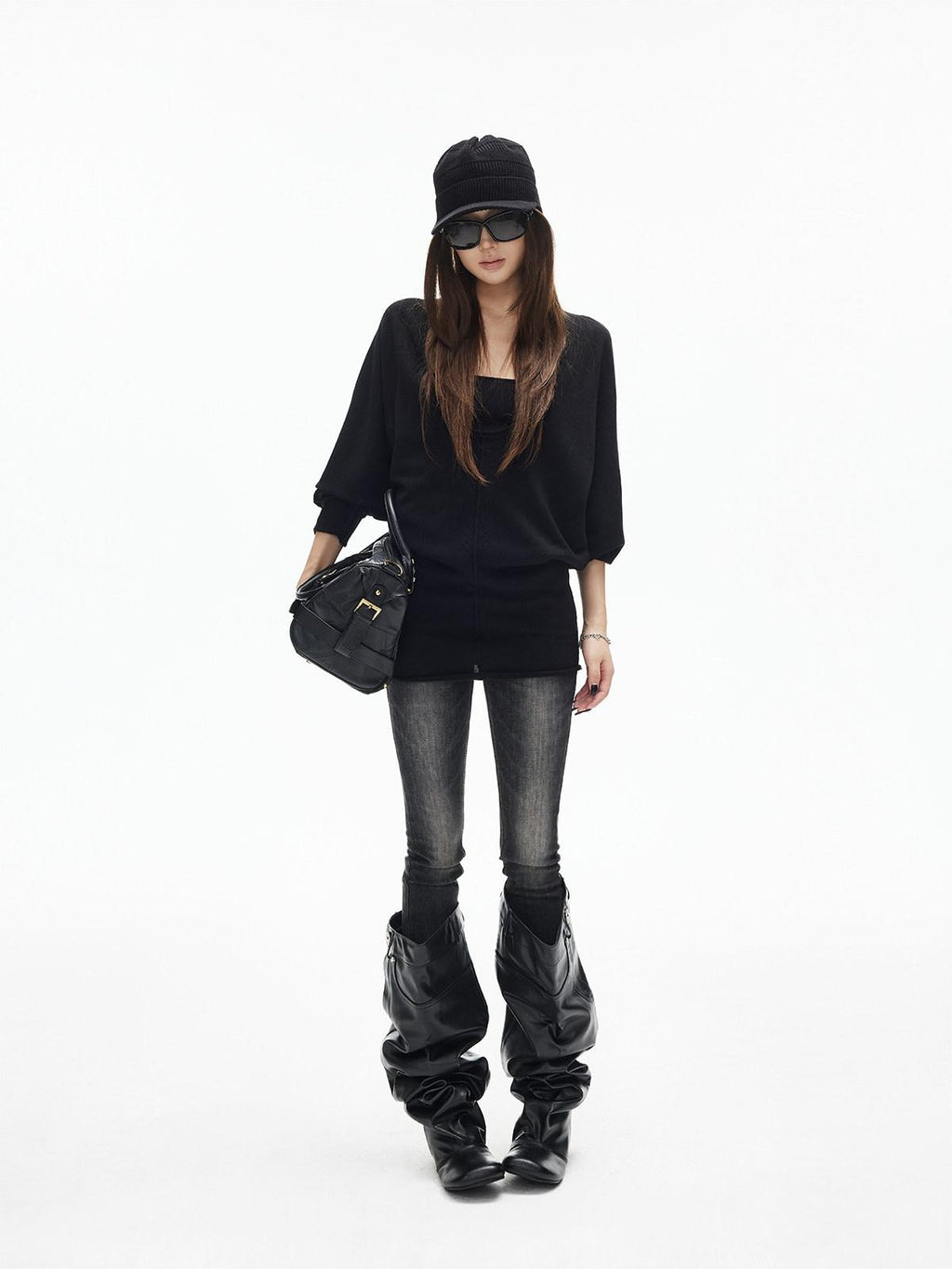 iamxiaa Deep U Neck Center Seam Batwing Women's Silk Wool Blend Long Sleeve T-shirts