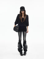iamxiaa Deep U Neck Center Seam Batwing Women's Silk Wool Blend Long Sleeve T-shirts