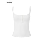 iamxiaa Deep U Neck Ribbed Slim Fit Button Front Women's Cotton Stretch Camisoles 1019841973080