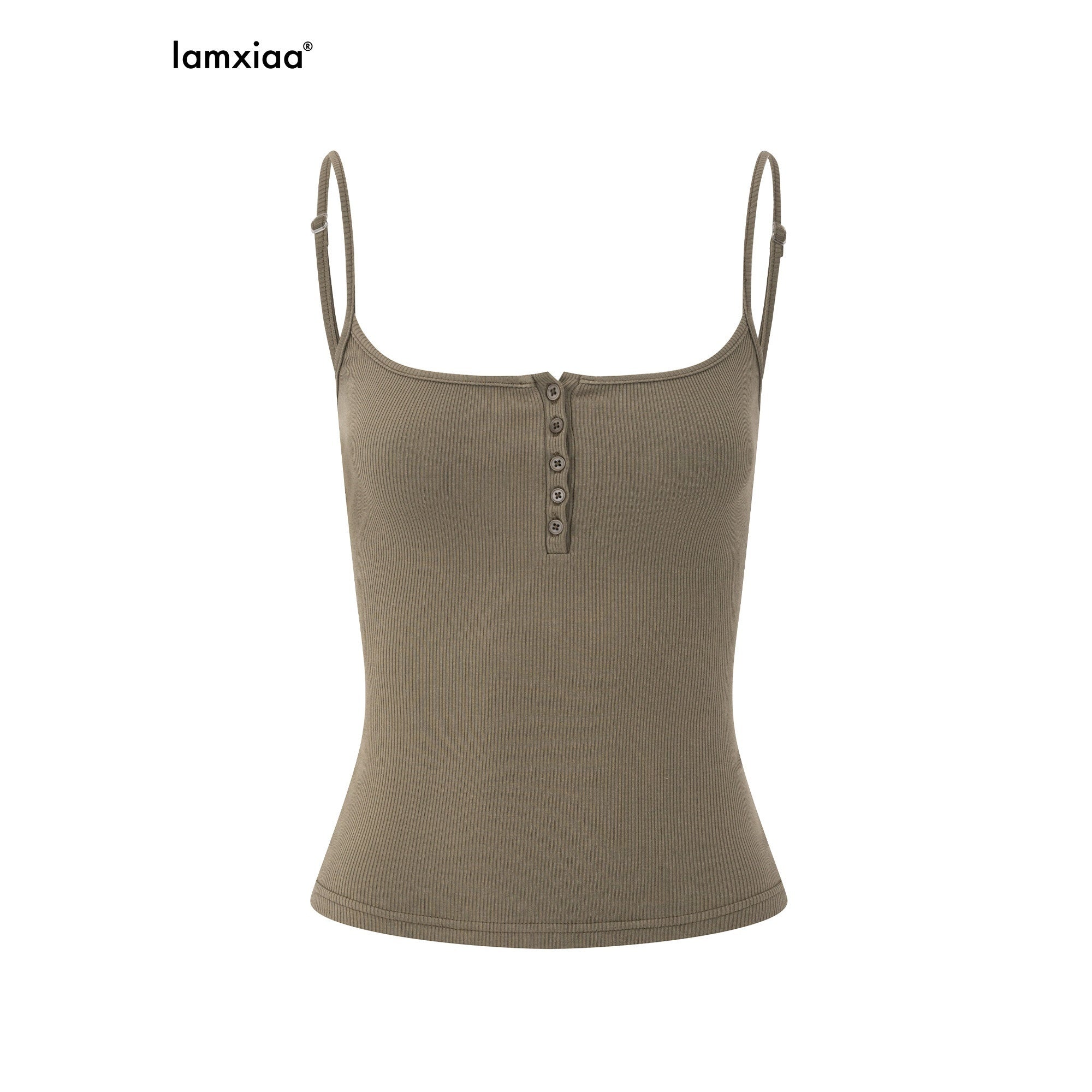 iamxiaa Deep U Neck Ribbed Slim Fit Button Front Women's Cotton Stretch Camisoles 1019841973080