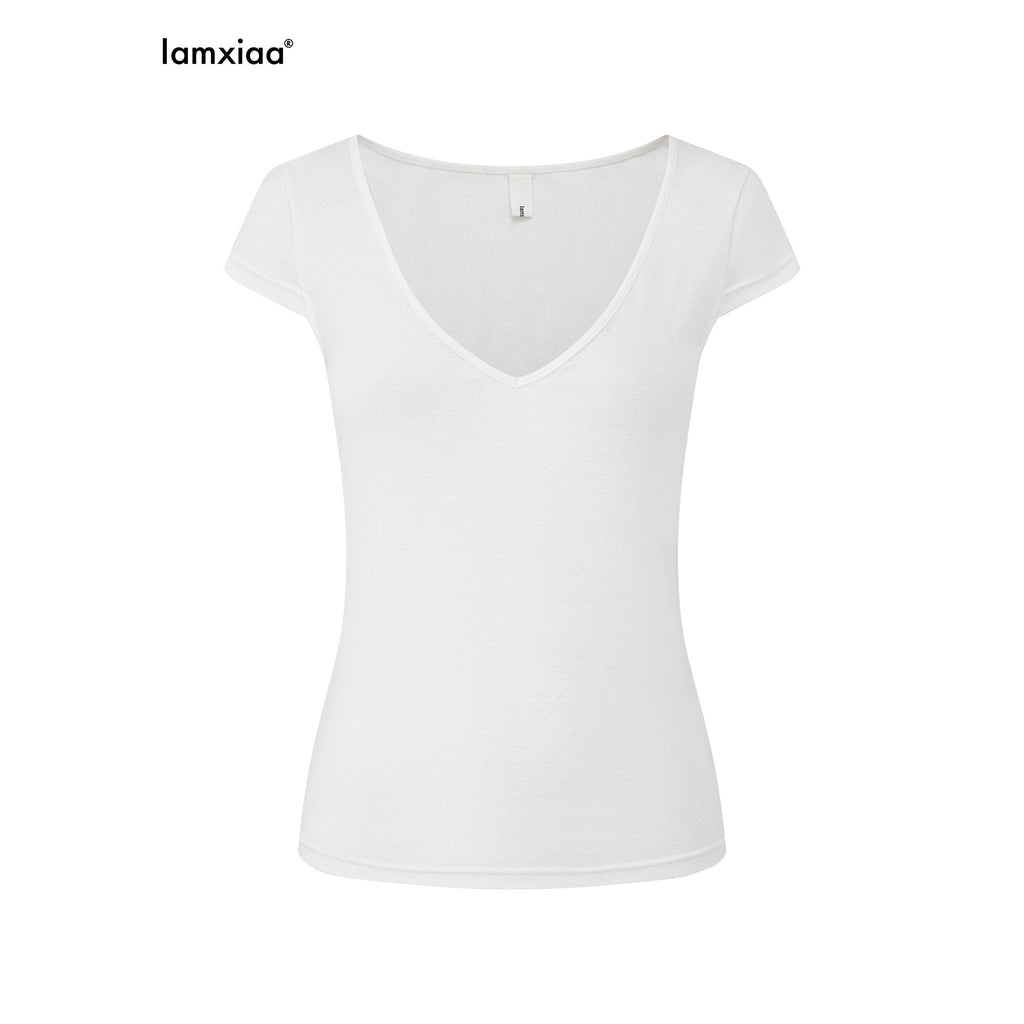 iamxiaa Deep V Flutter Sleeve Fitted Waist Women's Lyocell Linen Short Sleeve T-shirts 1044063377624