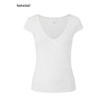 iamxiaa Deep V Flutter Sleeve Fitted Waist Women's Lyocell Linen Short Sleeve T-shirts 1044063377624