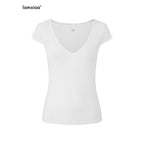 iamxiaa Deep V Flutter Sleeve Fitted Waist Women's Lyocell Linen Short Sleeve T-shirts 1044063377624
