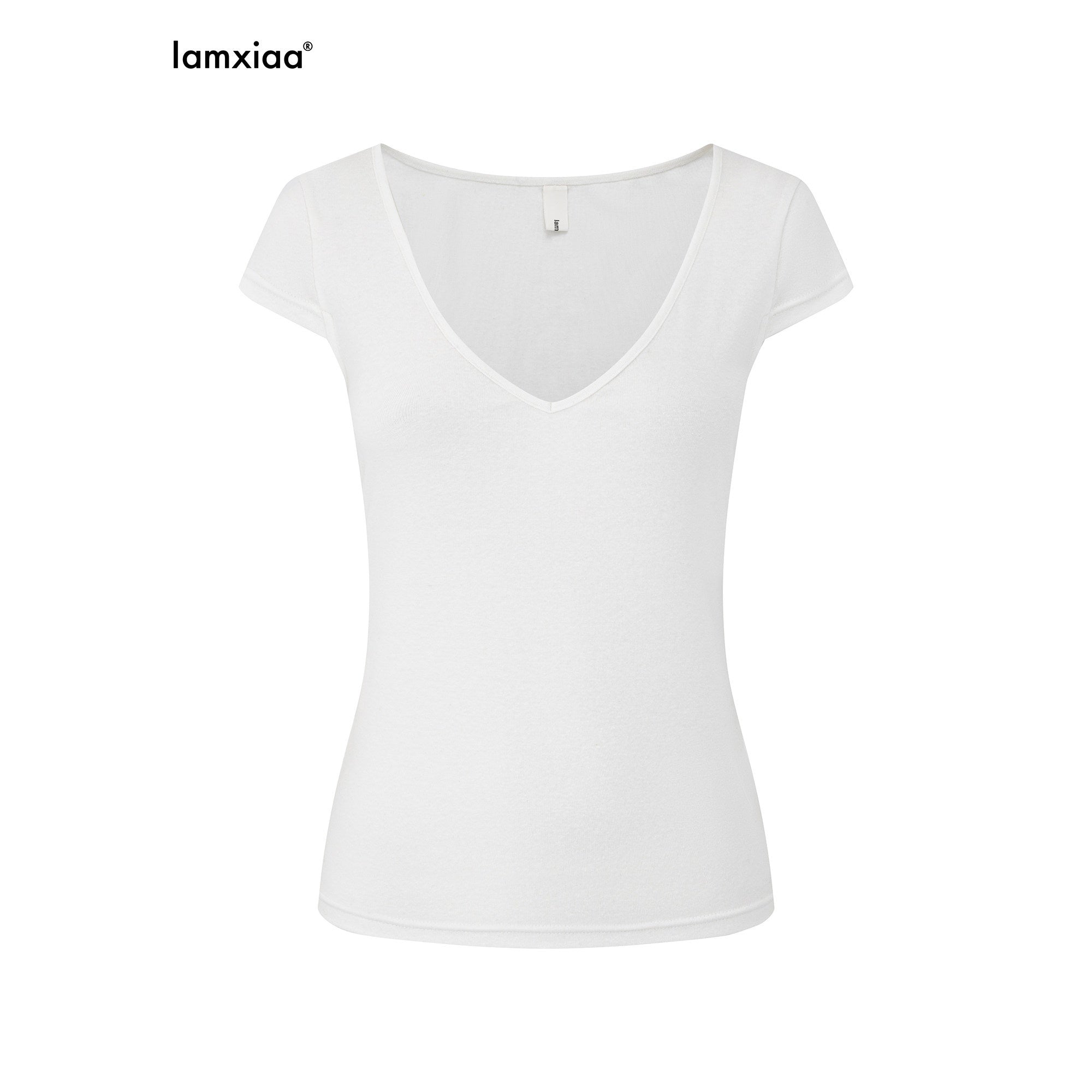 iamxiaa Deep V Flutter Sleeve Fitted Waist Women's Lyocell Linen Short Sleeve T-shirts 1044063377624