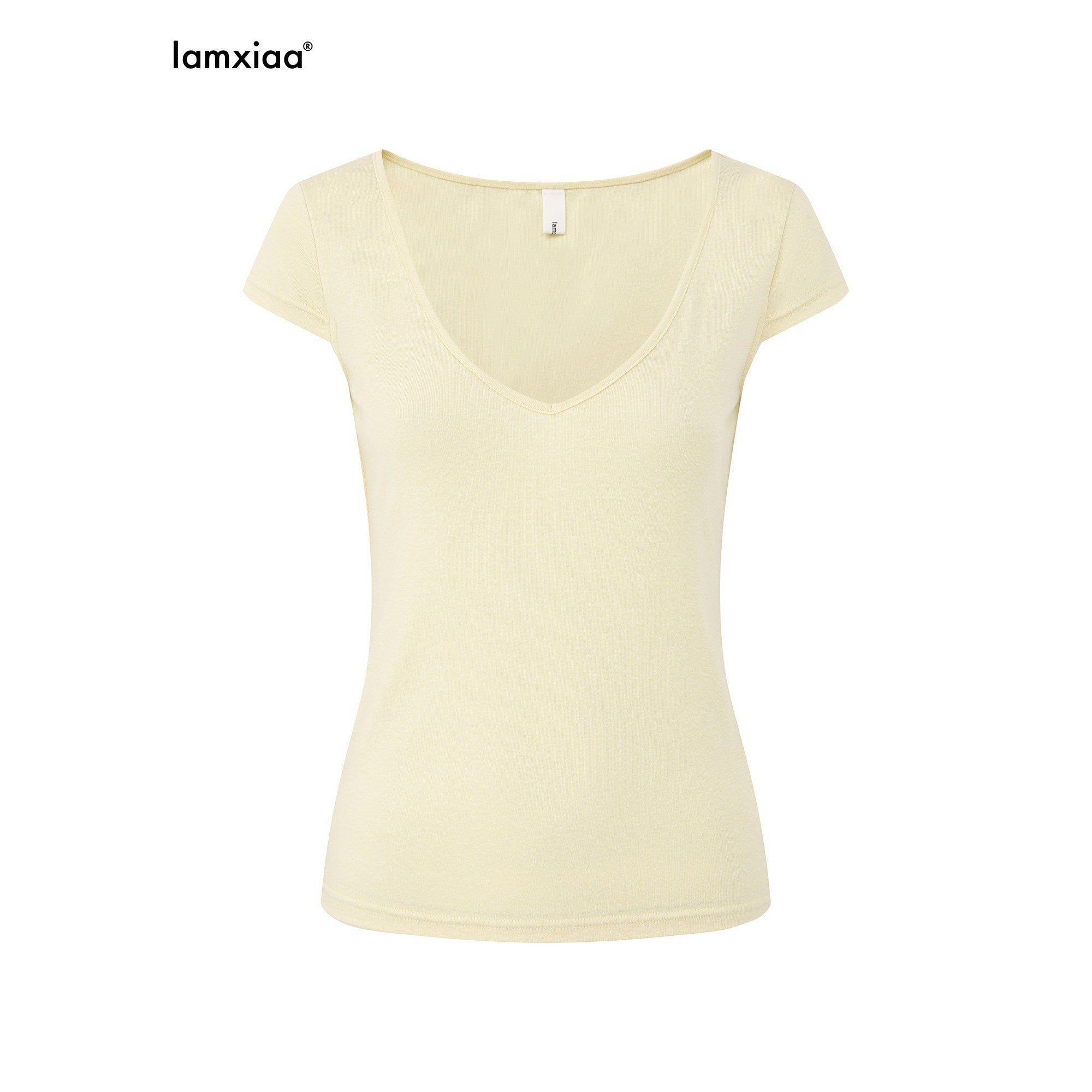 iamxiaa Deep V Flutter Sleeve Fitted Waist Women's Lyocell Linen Short Sleeve T-shirts 1044063377624
