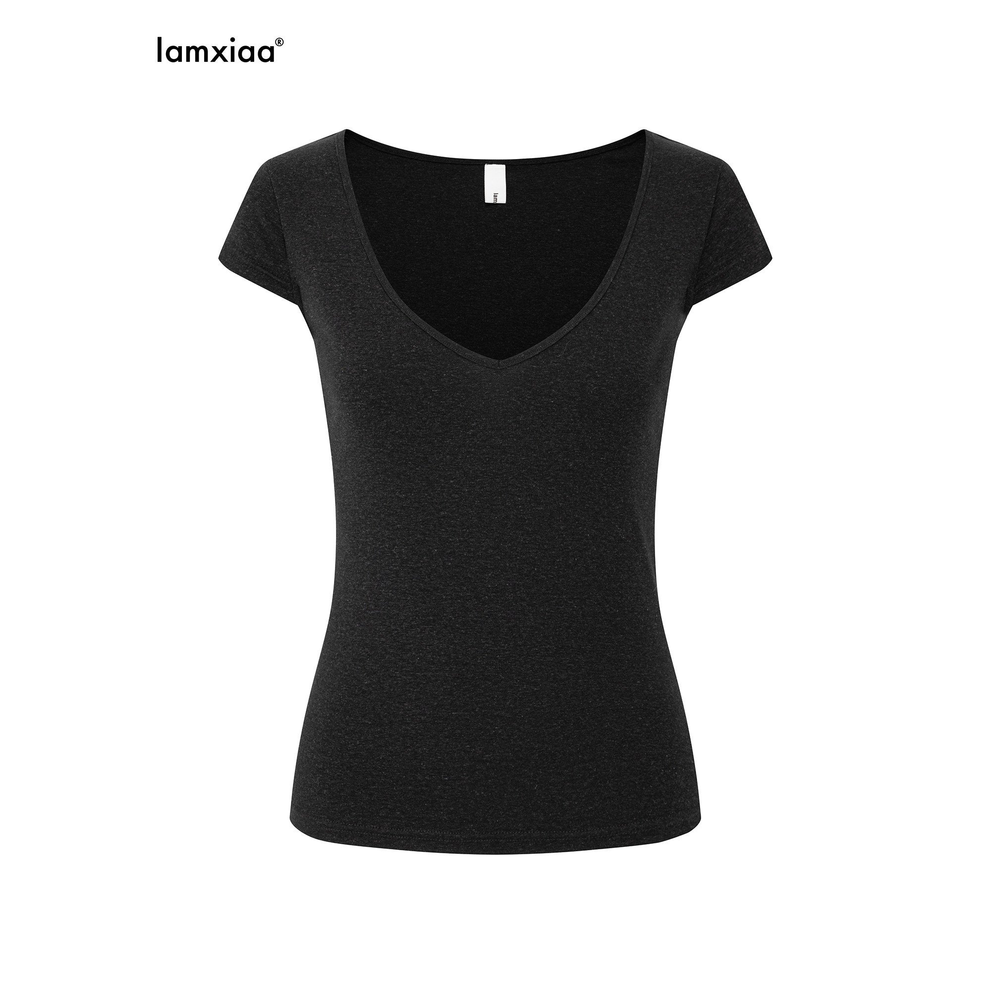 iamxiaa Deep V Flutter Sleeve Fitted Waist Women's Lyocell Linen Short Sleeve T-shirts 1044063377624