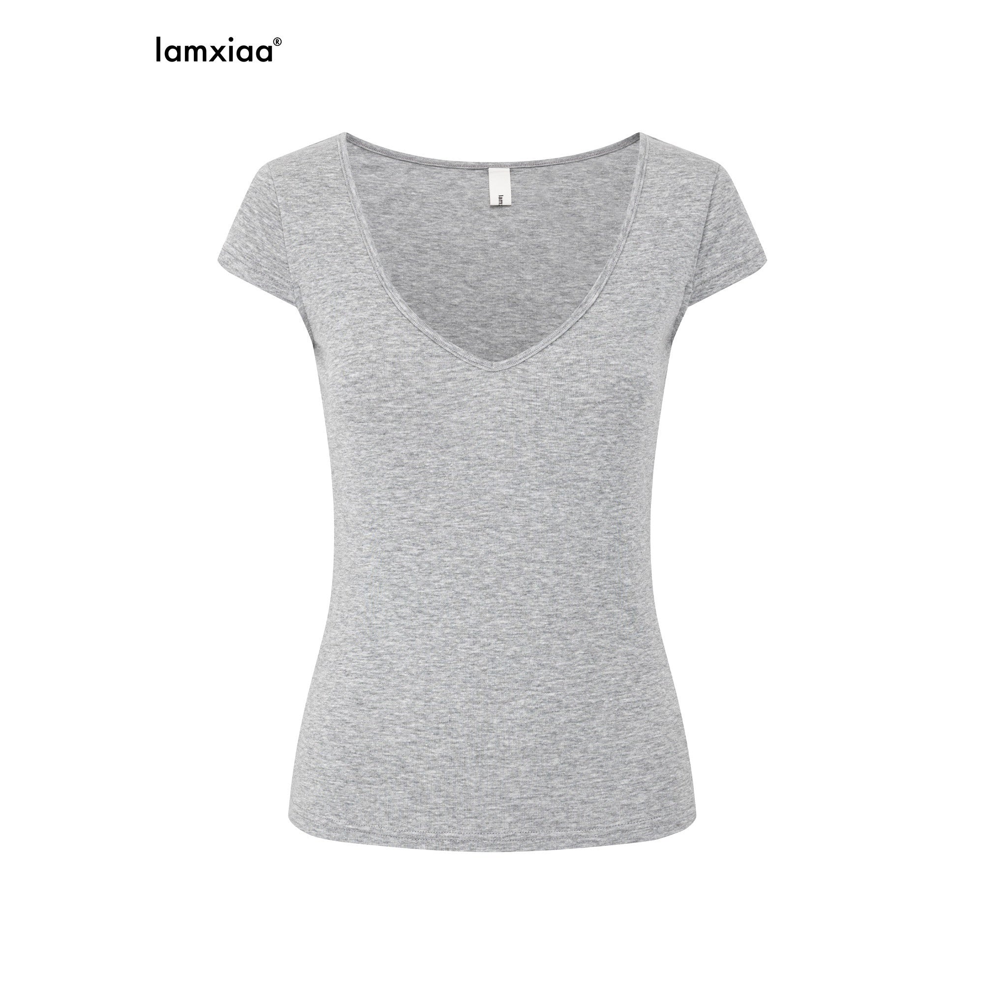 iamxiaa Deep V Flutter Sleeve Fitted Waist Women's Lyocell Linen Short Sleeve T-shirts 1044063377624