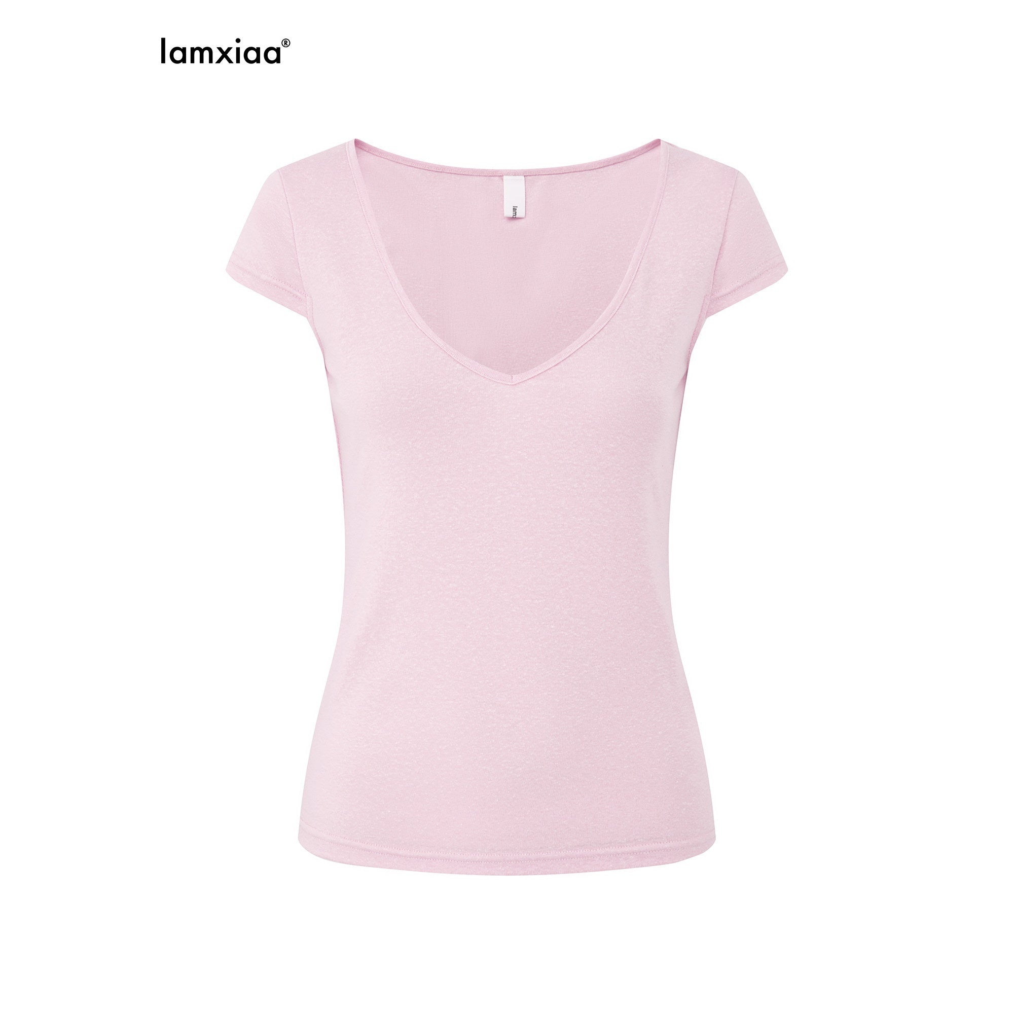 iamxiaa Deep V Flutter Sleeve Fitted Waist Women's Lyocell Linen Short Sleeve T-shirts 1044063377624