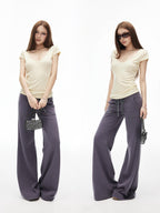 iamxiaa Deep V Flutter Sleeve Fitted Waist Women's Lyocell Linen Short Sleeve T-shirts