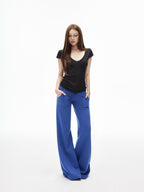 iamxiaa Deep V Flutter Sleeve Fitted Waist Women's Lyocell Linen Short Sleeve T-shirts