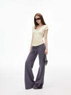 iamxiaa Deep V Flutter Sleeve Fitted Waist Women's Lyocell Linen Short Sleeve T-shirts