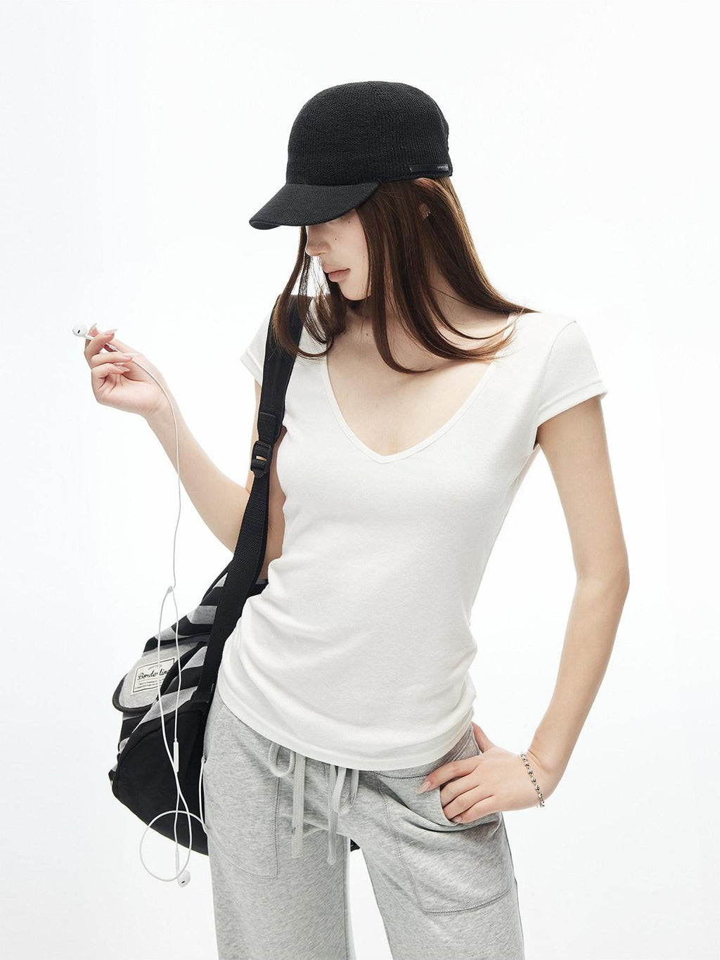 iamxiaa Deep V Flutter Sleeve Fitted Waist Women's Lyocell Linen Short Sleeve T-shirts