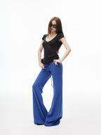 iamxiaa Deep V Flutter Sleeve Fitted Waist Women's Lyocell Linen Short Sleeve T-shirts