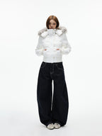 iamxiaa Detachable Hood Eco Fur Collar Slim Short Women's White Duck Down Down Jackets