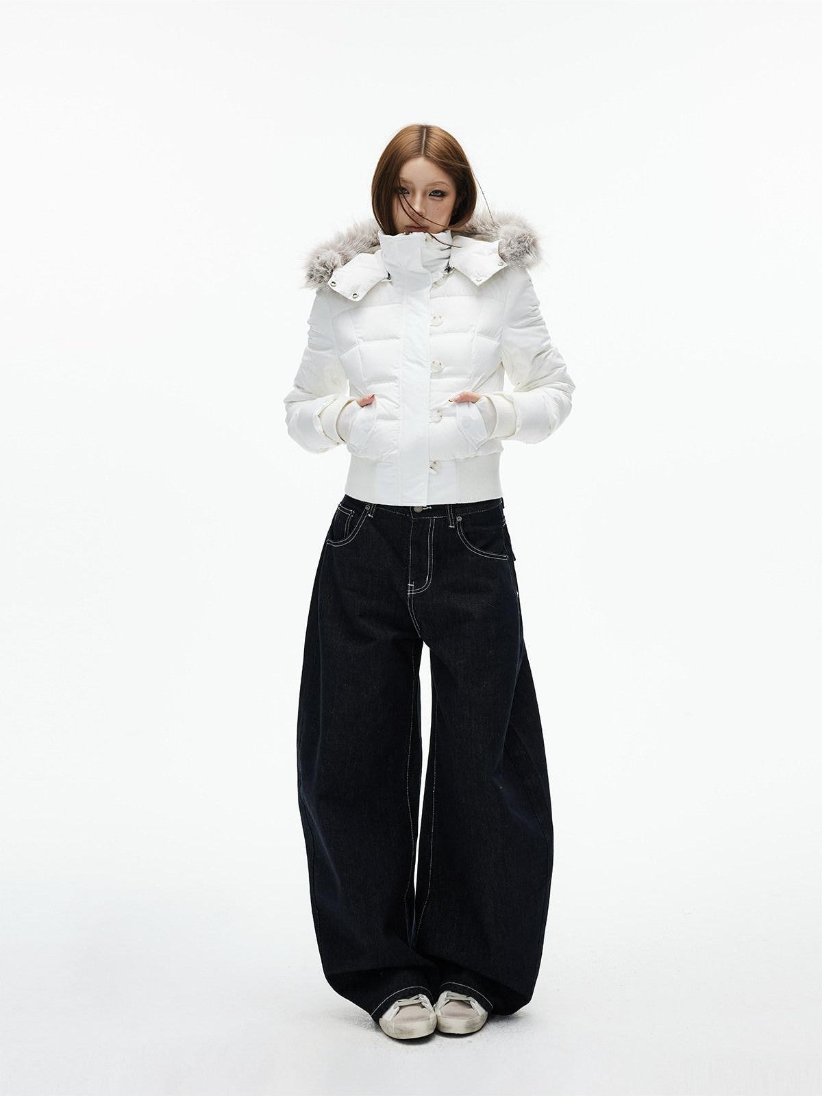 iamxiaa Detachable Hood Eco Fur Collar Slim Short Women's White Duck Down Down Jackets