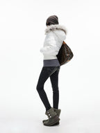 iamxiaa Detachable Hood Eco Fur Collar Slim Short Women's White Duck Down Down Jackets