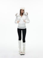 iamxiaa Detachable Hood Eco Fur Collar Slim Short Women's White Duck Down Down Jackets