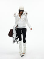 iamxiaa Detachable Hood Eco Fur Collar Slim Short Women's White Duck Down Down Jackets