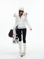 iamxiaa Detachable Hood Eco Fur Collar Slim Short Women's White Duck Down Down Jackets