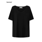 iamxiaa Drapey Deep V Drop Shoulder Women's Loose Slouchy Short Sleeve T-shirts 1030420955280